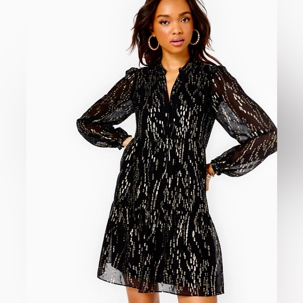 NWOT Lilly Pulitzer Winona Long Sleeve Silk Metallic Dress